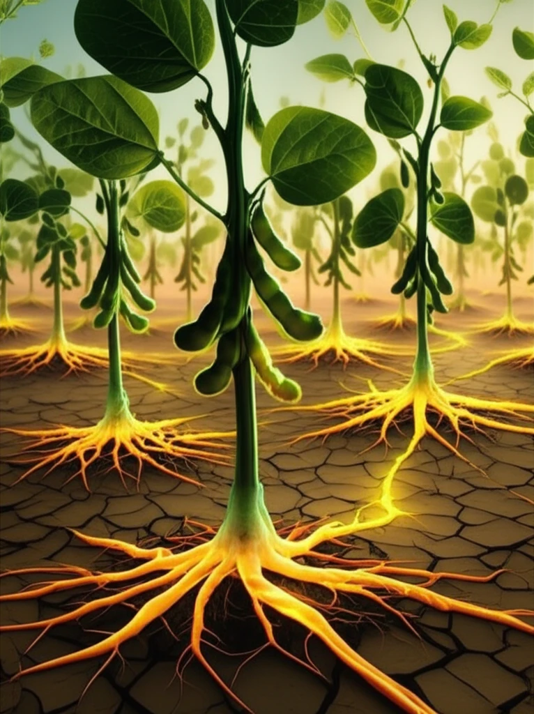 Soybean plants with glowing roots symbolizing metabolic pathways amidst a drought-stricken landscape.