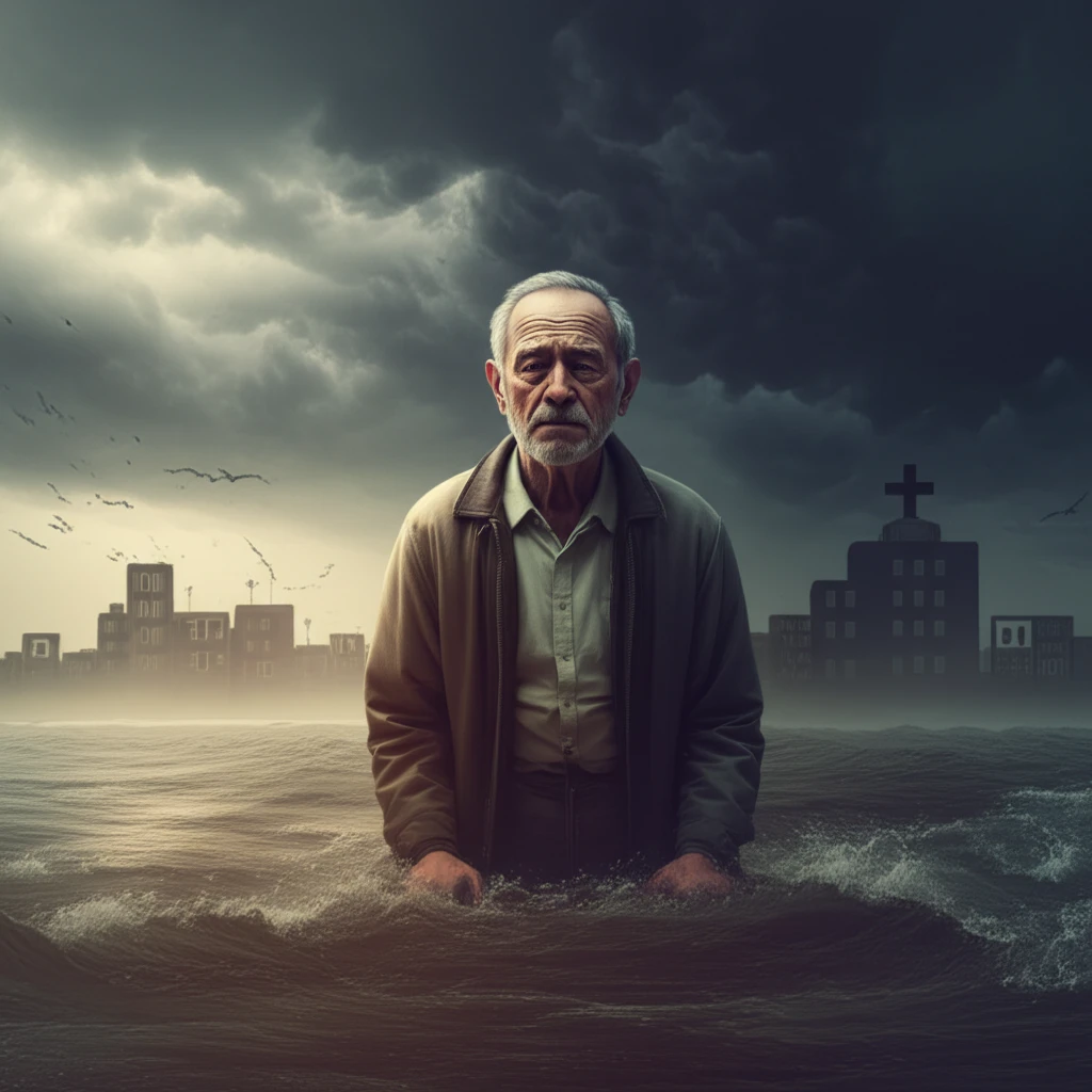 Elderly person facing hurricane floodwaters, symbolizing vulnerability and health crisis.