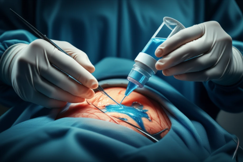 Illustration of methylene blue being used during surgery to prevent adhesions.
