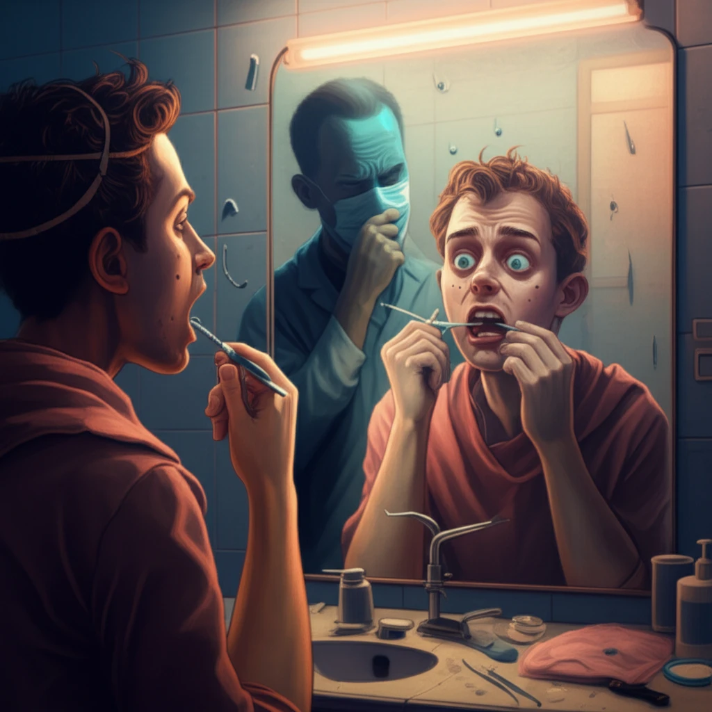 DIY dentistry concept: A person attempting a dental procedure at home with a disapproving dentist in the background.