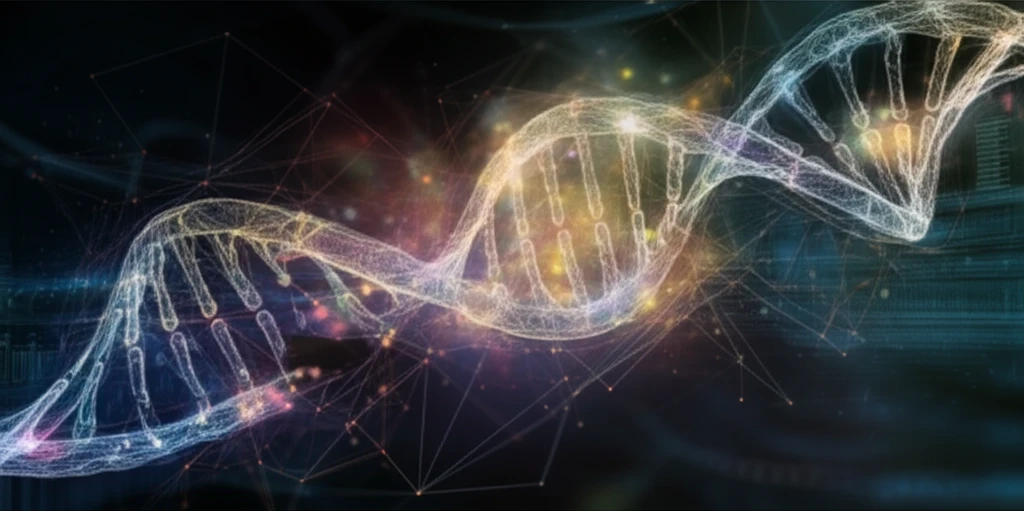 Complex network of interconnected DNA strands with glowing nodes.