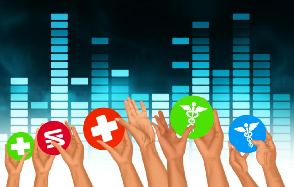 Diverse hands reaching for medical symbols on an equalizer, representing healthcare equity.