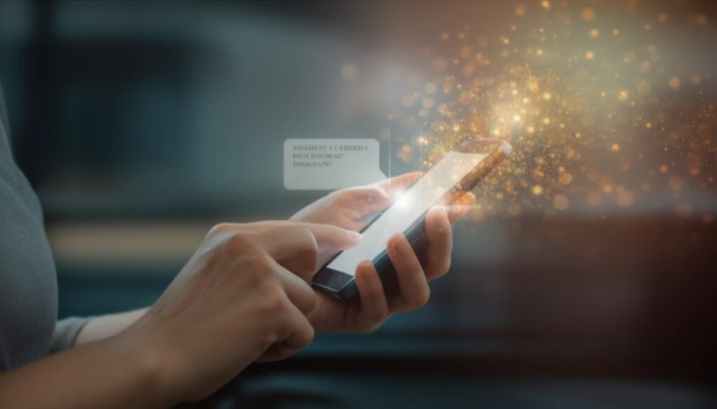 A person smiles at their phone, surrounded by glowing energy, representing positive emotions.