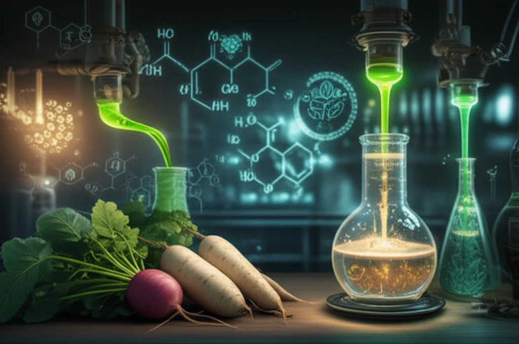 Surreal illustration of radish and turnip enzymes catalyzing a green chemical reaction.
