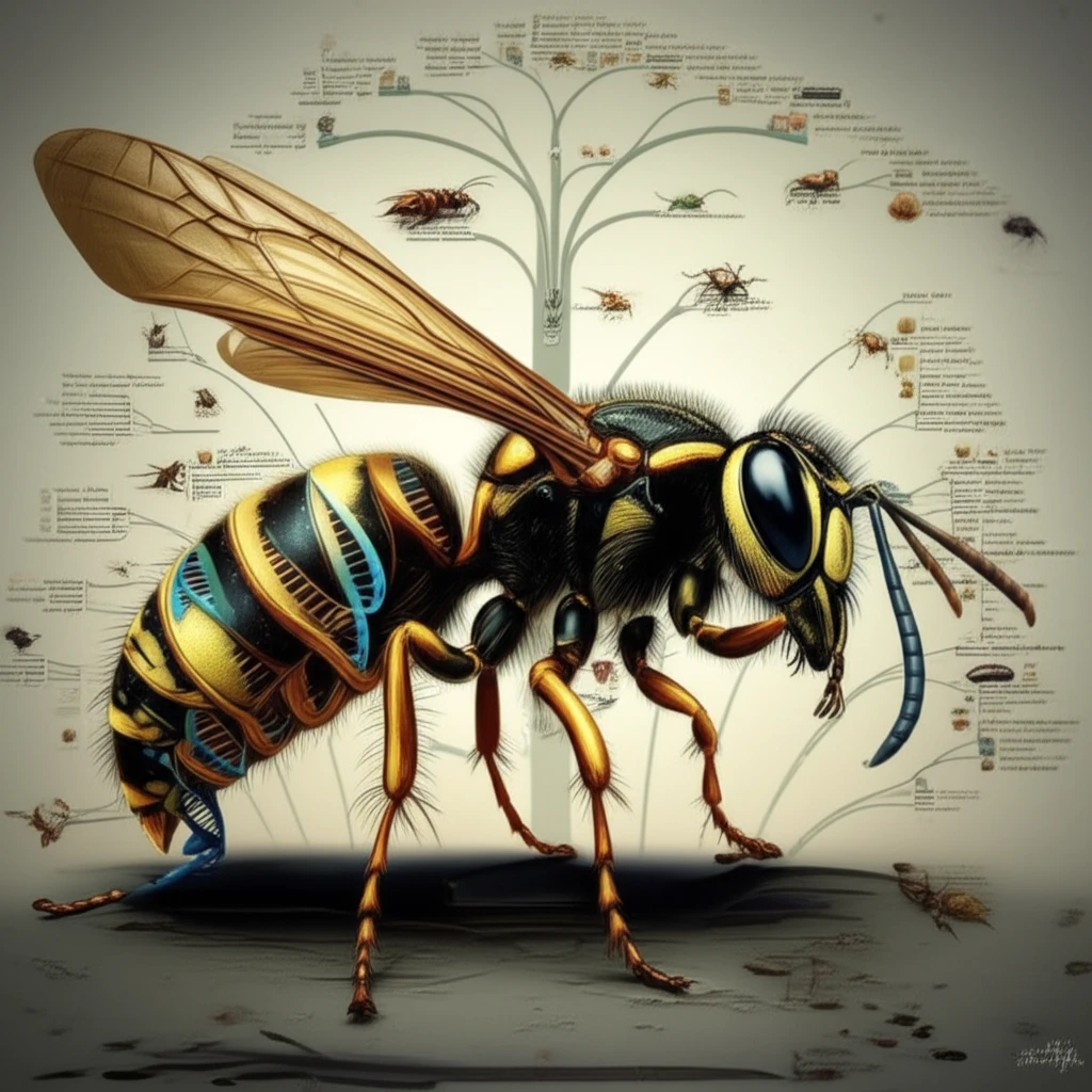 Surreal illustration of a wasp with a DNA strand body, set against an evolutionary tree.