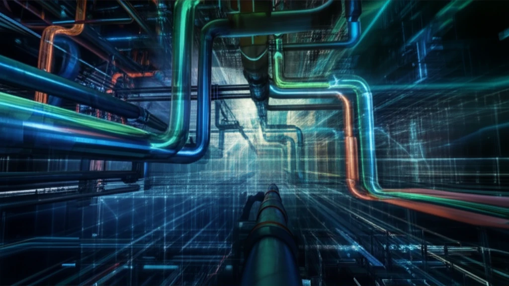 Futuristic industrial landscape with glowing energy pipelines and a subtle grid overlay representing renewable energy innovation.