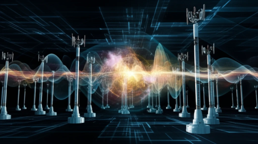 Surreal illustration of Massive MIMO antennas correcting signal imbalances for optimized 5G.