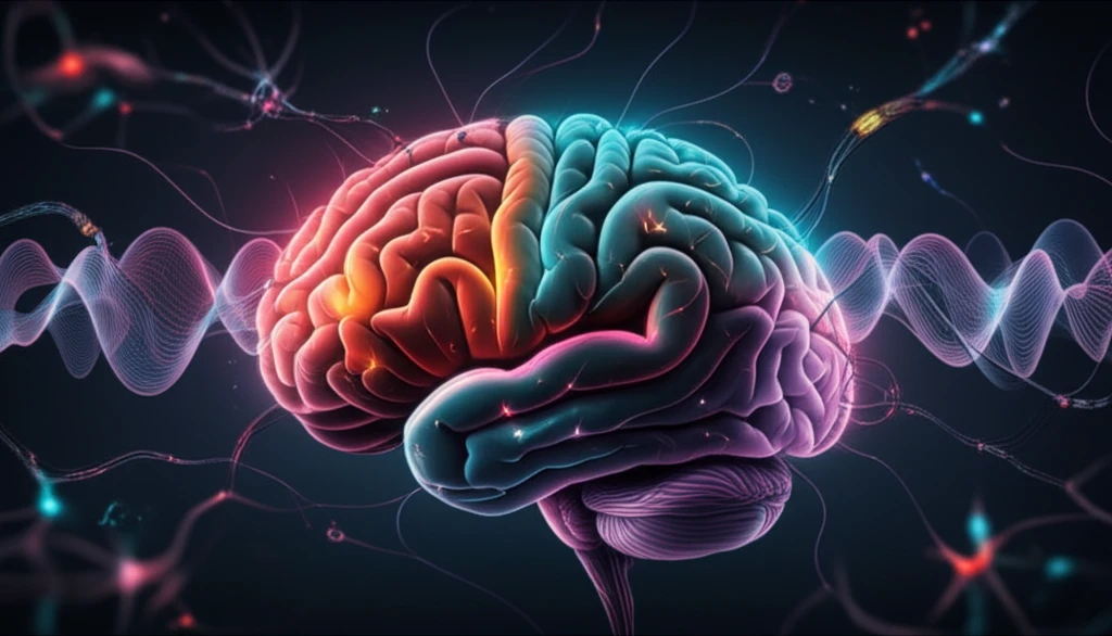 Brain being rewired with magnetic waves, symbolizing the effects of rTMS on gene expression and mental health.