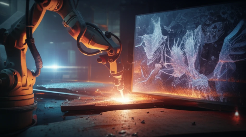 Robotic welding arm performing SAW on glowing steel, showcasing temperature distribution and crystalline transformations.