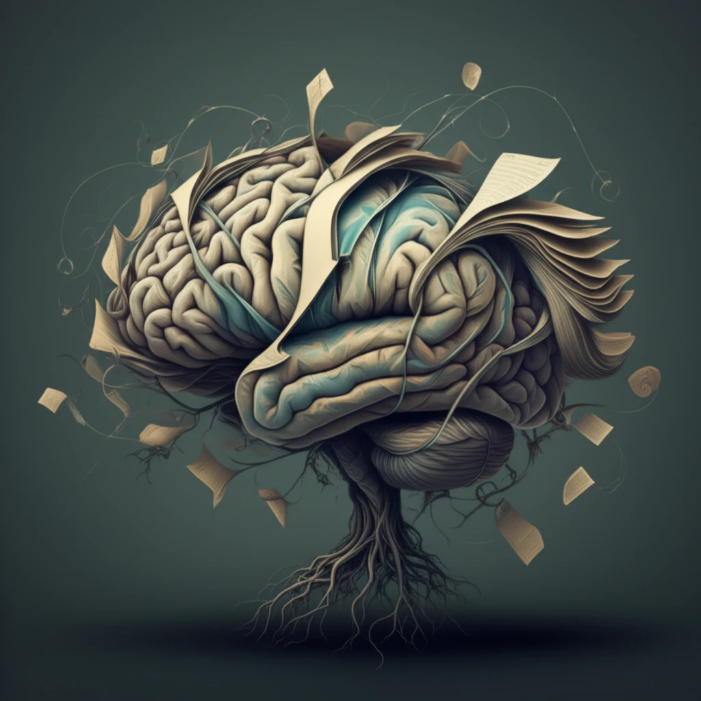 Surreal illustration of a brain intertwined with book pages and tangled roots, symbolizing dyslexia.