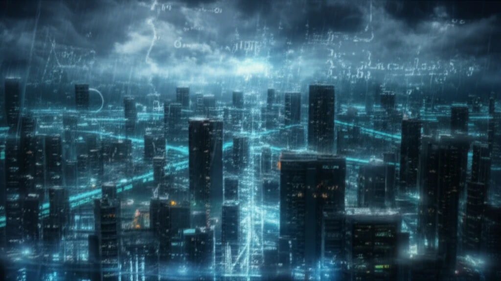 Futuristic cityscape with flood control infrastructure amidst a rainfall, symbolizing IDF equation predictions.