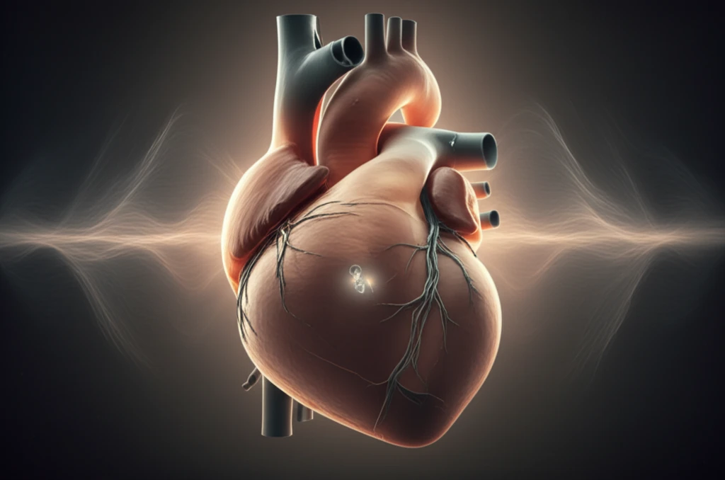 Glowing medical device fragment floats inside a heart.