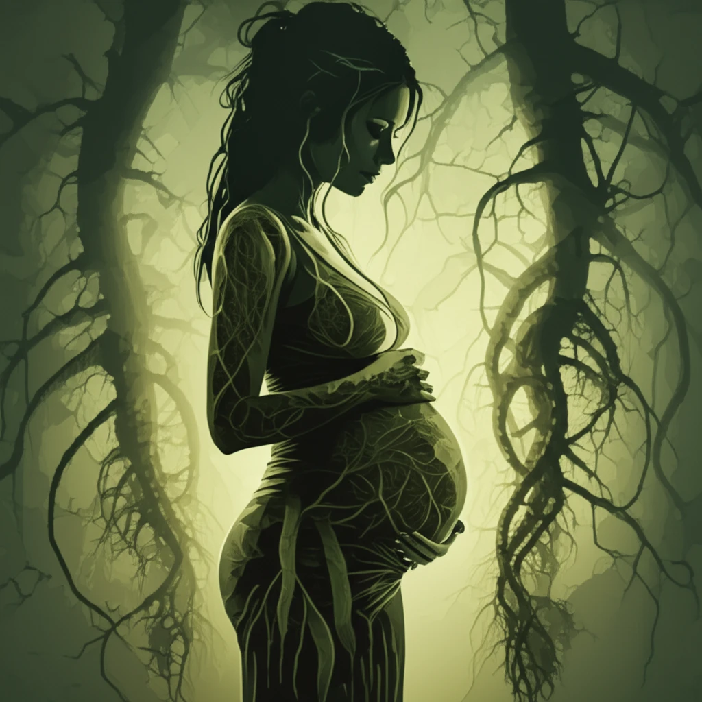 Surreal illustration of maternal-fetal connection with plant-derived toxins.