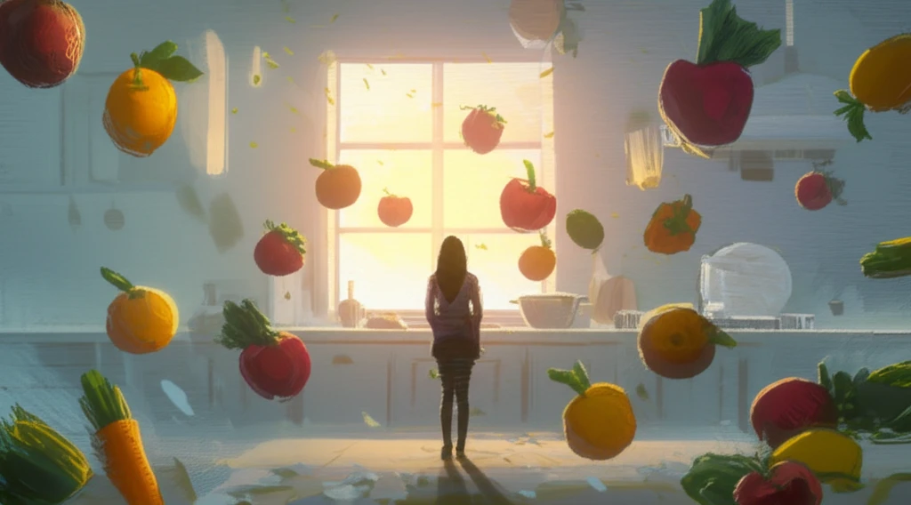 Person surrounded by healthy ingredients in a kitchen.