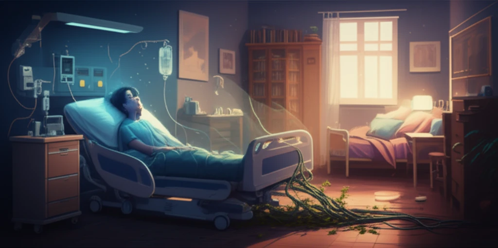 Hospital room transforming into a home bedroom, symbolizing end-of-life care choices.