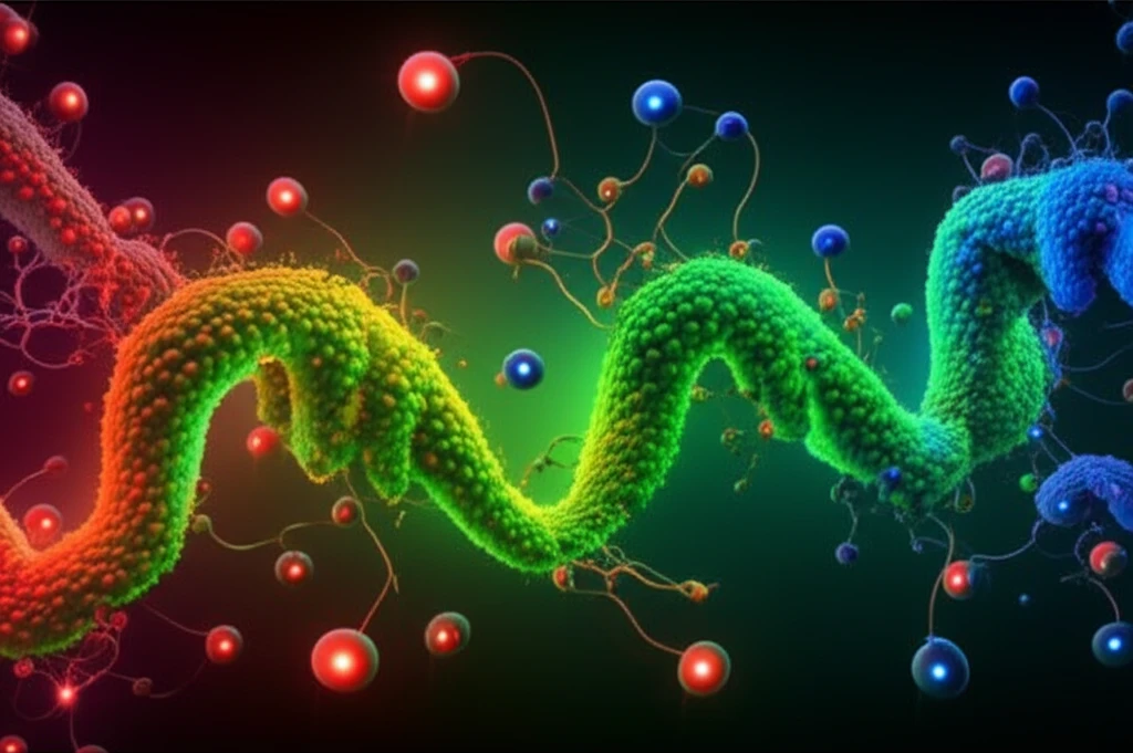 Nanoparticles interacting with a protein strand, showing influence of electric charges.
