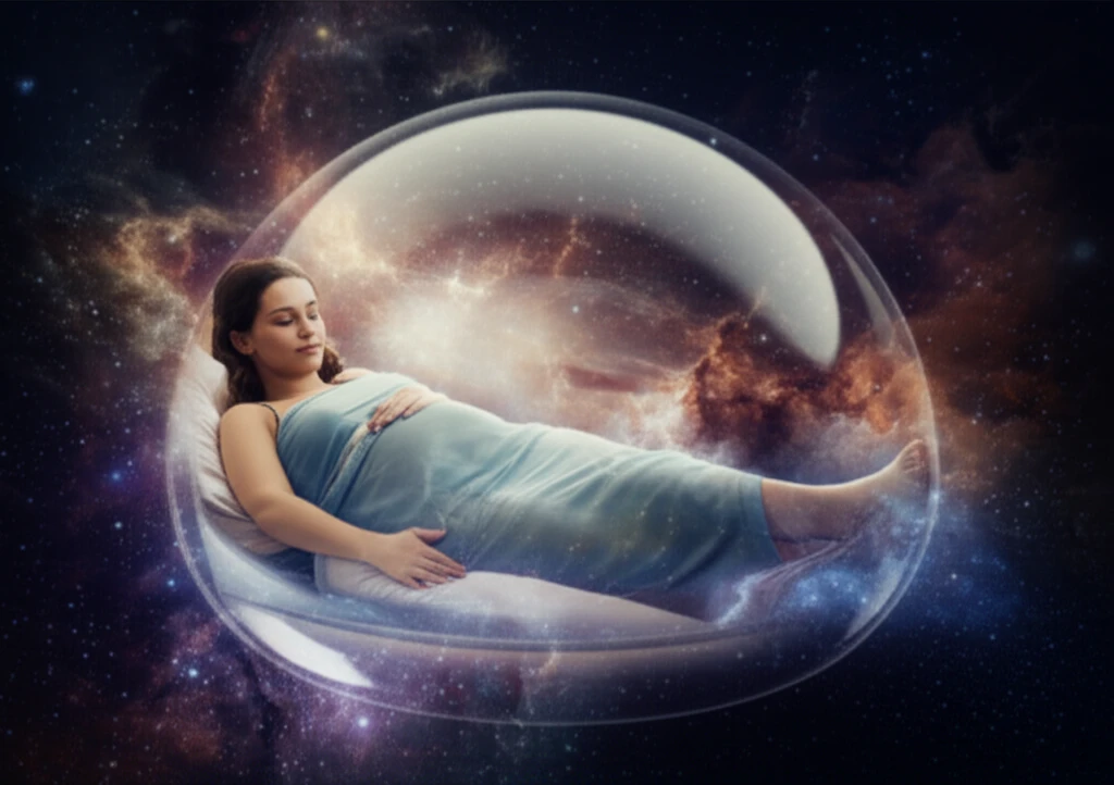 Pregnant woman sleeping peacefully in a protective bubble, symbolizing safe sleep and healthy pregnancy.