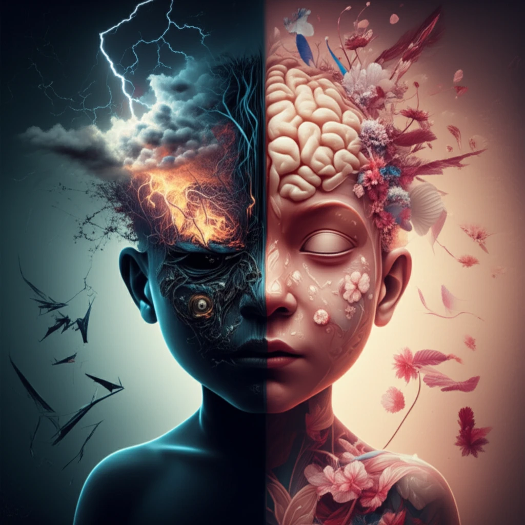 Child silhouette with divided brain representing trauma impact.