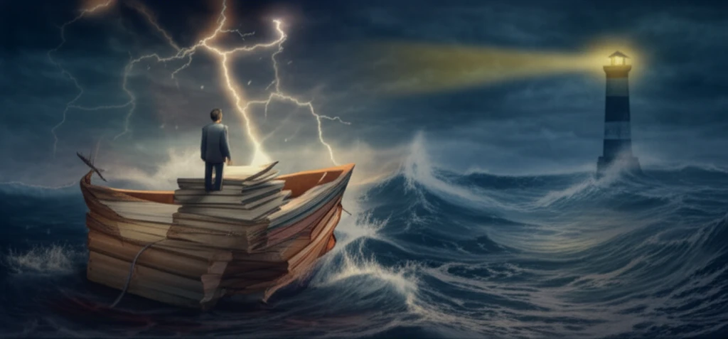 A neurologist navigates a storm on a boat made of journals, guided by a lighthouse.