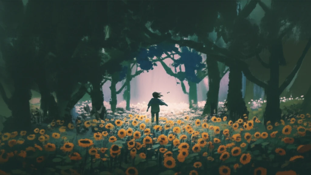 A young person emerging from a dark forest into a field of vibrant sunflowers, symbolizing posttraumatic growth after loss.