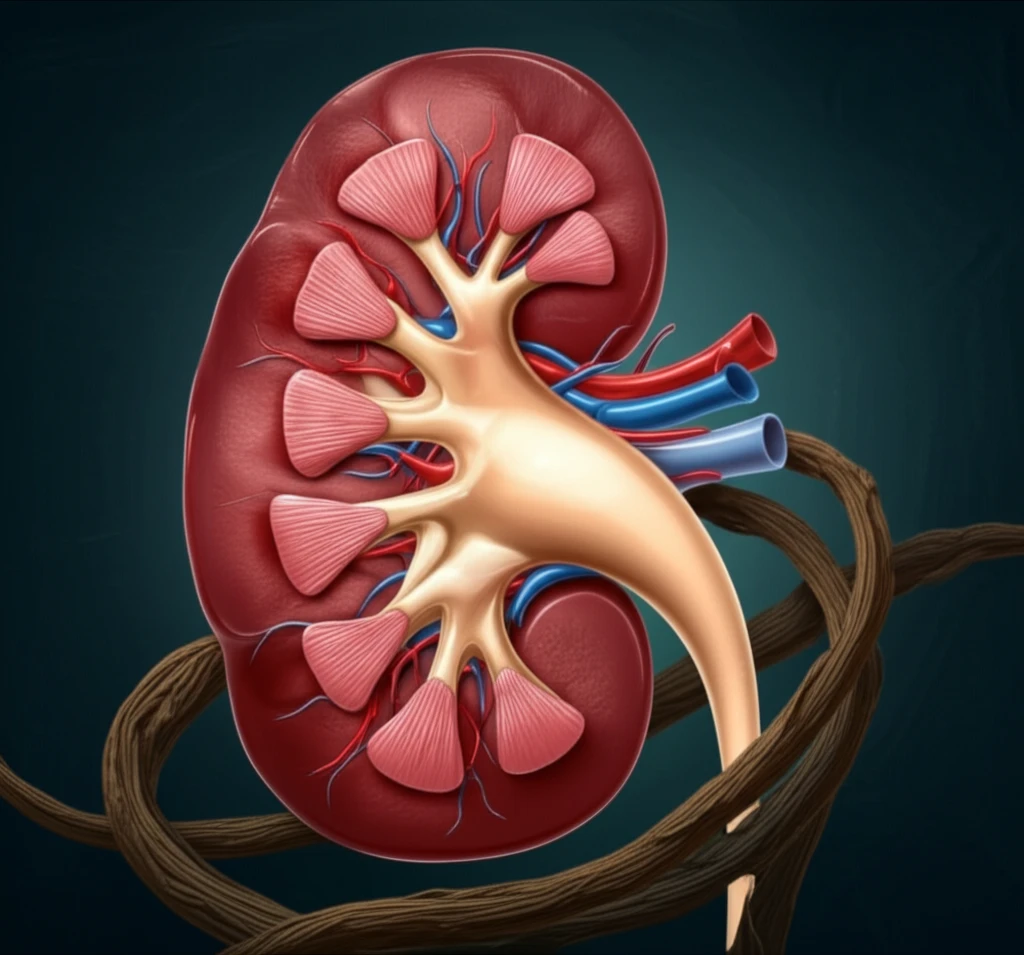 Licorice root intertwined with a healthy kidney, symbolizing natural support for kidney function.