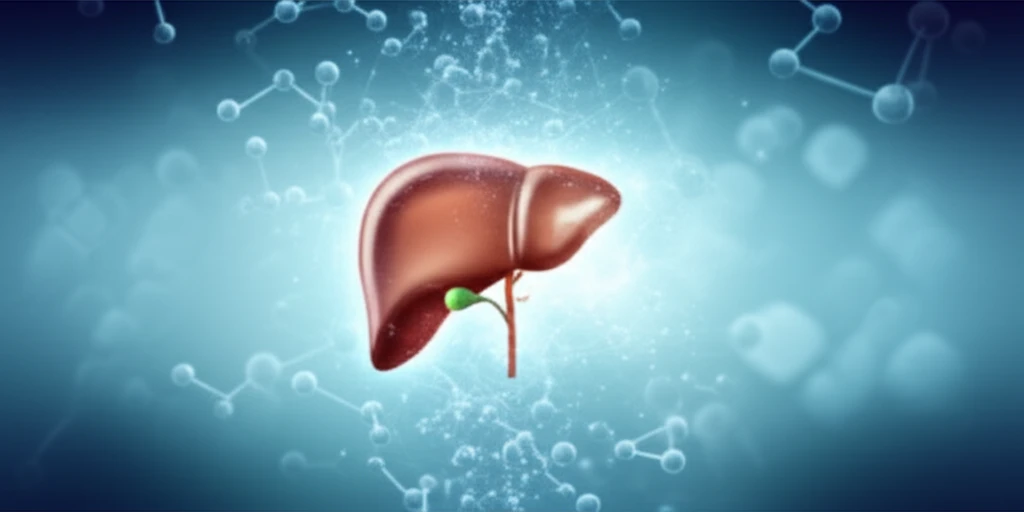 Illustration of a protected, healthy liver with sugar molecules dissolving in the background, symbolizing liver cancer prevention.