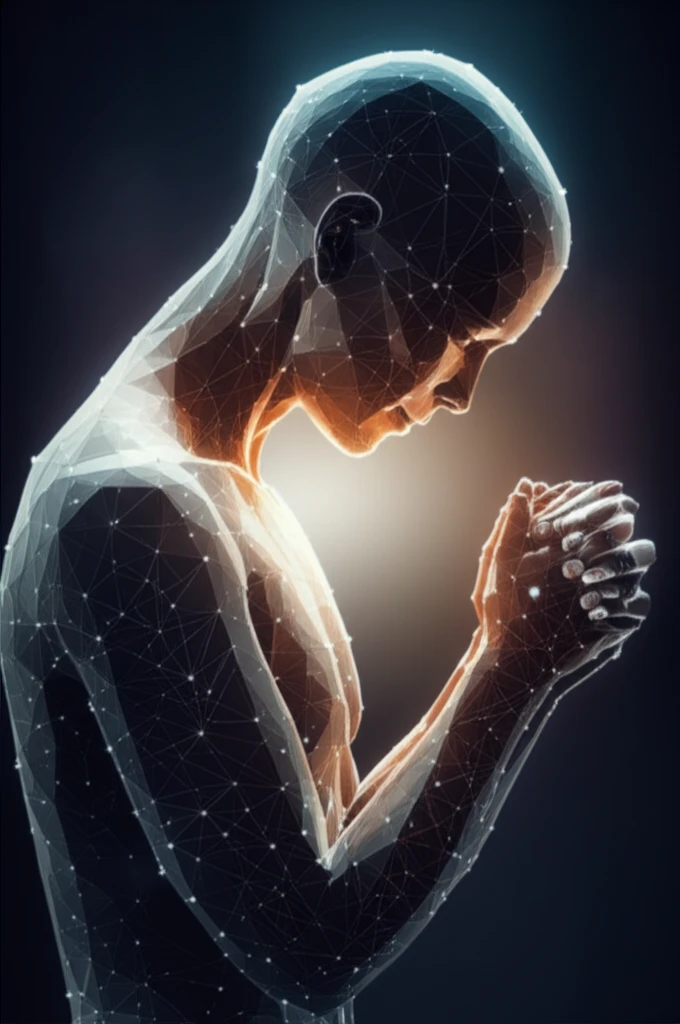 Digital illustration of a praying silhouette, symbolizing online connectivity and the Duke Religion Index.