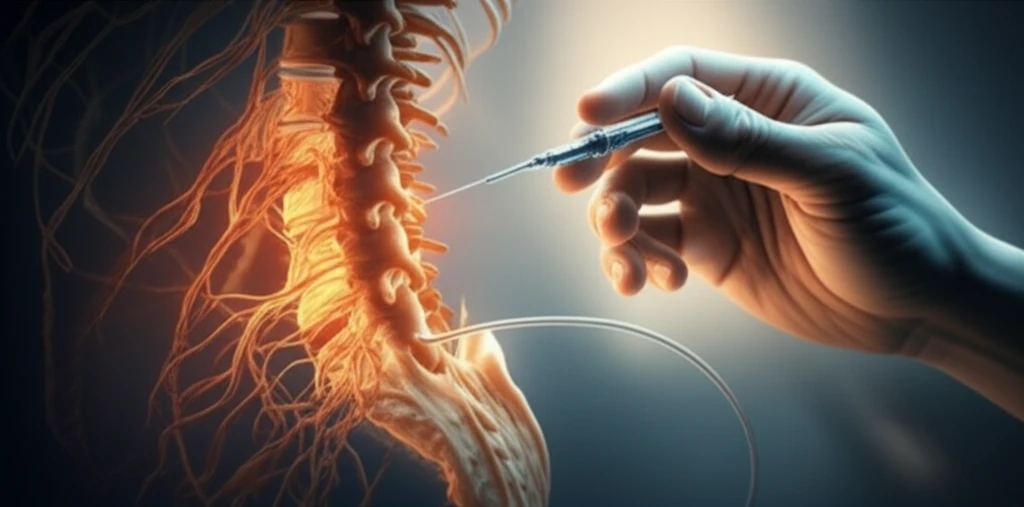 Illustration of spine with roots and catheter representing spinal tuberculosis treatment.