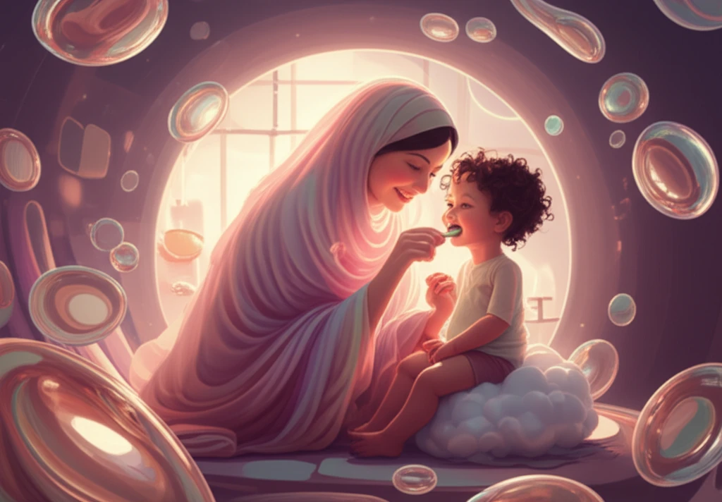 A Saudi mother brushing her child's teeth, promoting early dental care.