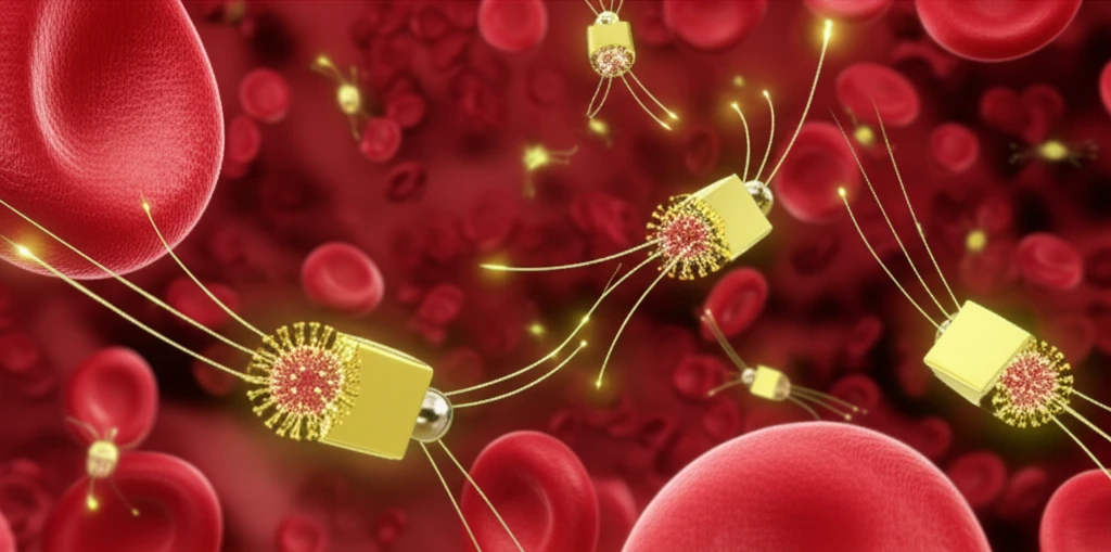 Microscopic view of SERS nanotags detecting disease antigens in the bloodstream.