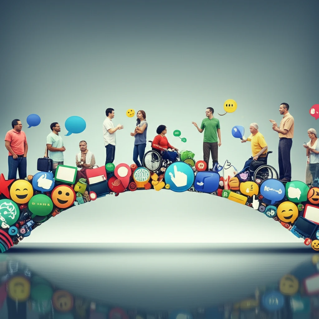 Interconnected communication symbols forming a bridge, symbolizing AAC intervention research complexities.