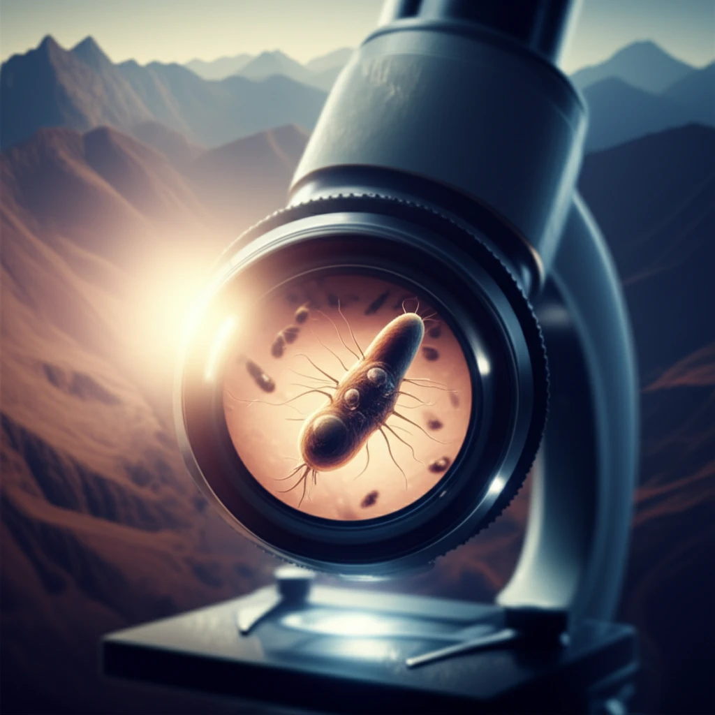 Microscopic view of Leishmania parasite with Atlas Mountains in background