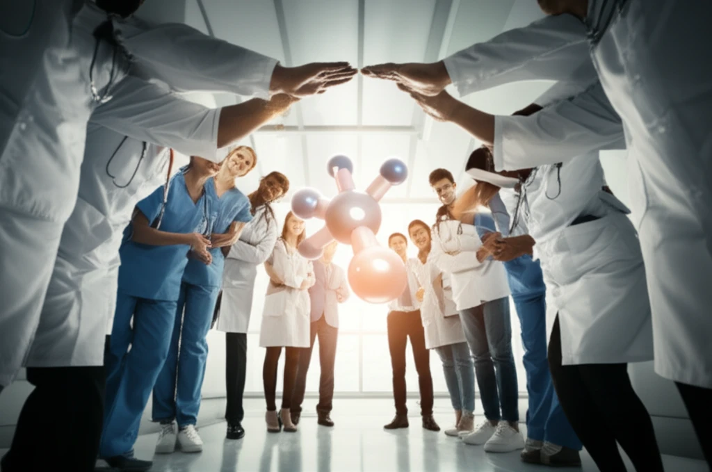 A diverse team of healthcare workers protects an antibiotic molecule from encroaching darkness, symbolizing antimicrobial resistance.