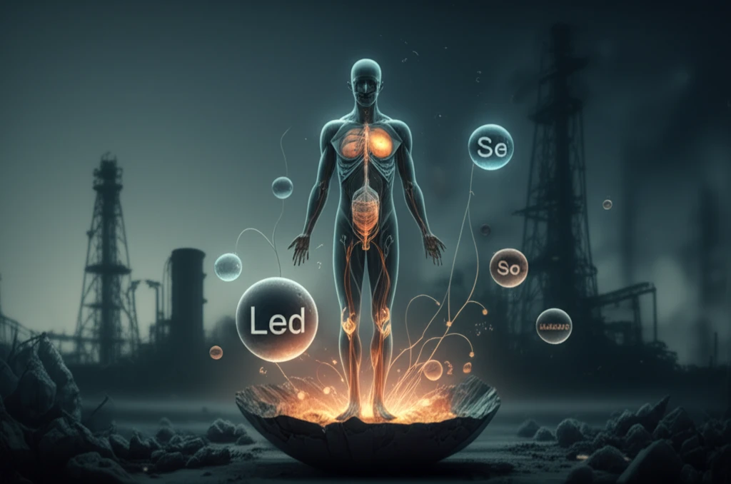 Surreal illustration of lead and selenium balance with industrial backdrop.