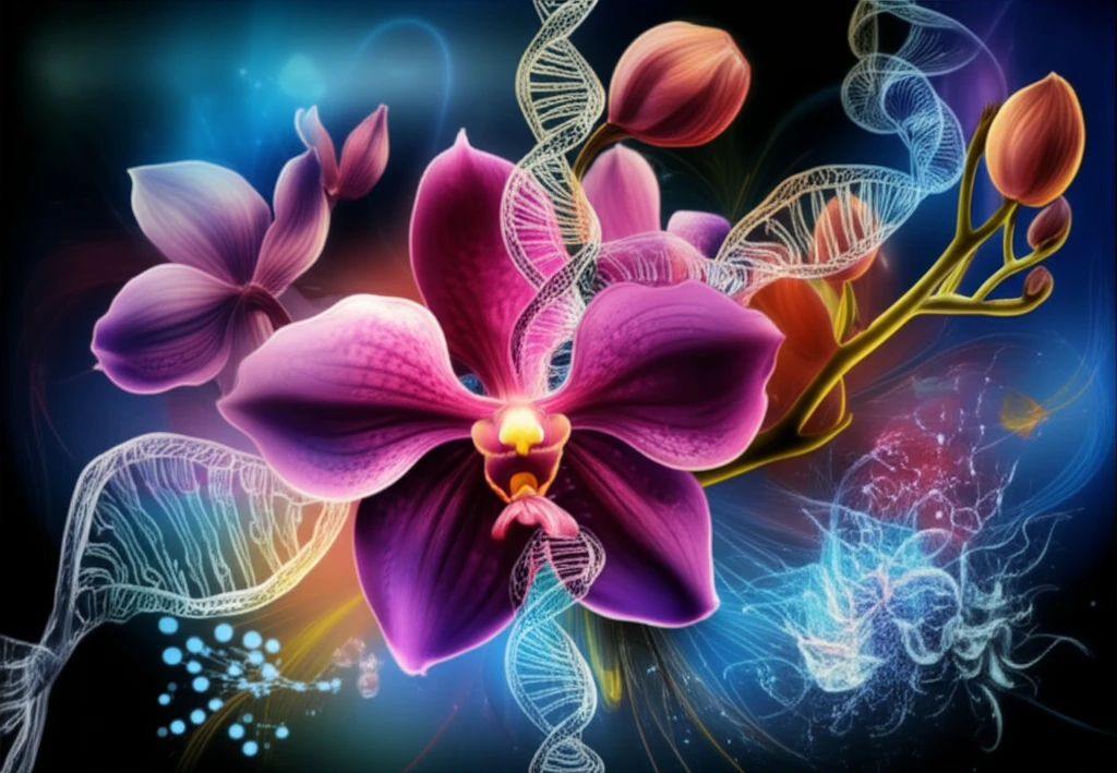 Enhanced Vanda orchid with DNA strand motif, symbolizing genetic improvement through colchicine treatment.