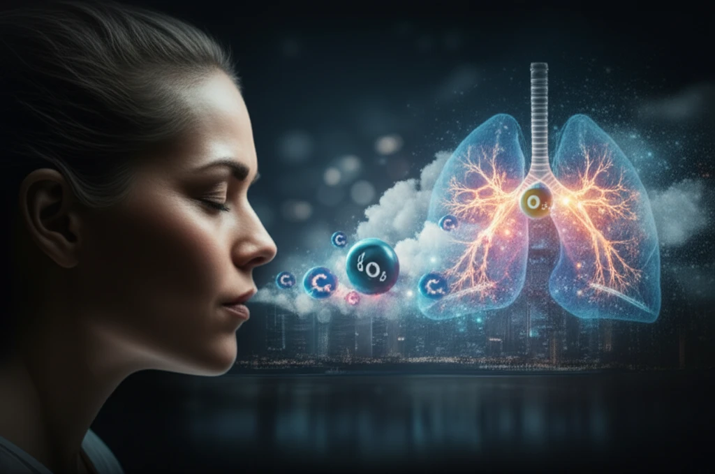 Surreal illustration of exhaled nitric oxide and healthy lungs, representing lung cancer treatment success.