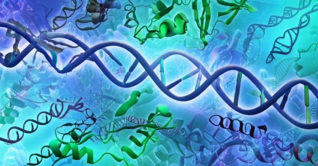 Surreal illustration combining DNA, protein structures, and Burkholderia bacteria, symbolizing scientific discovery and progress against infection.