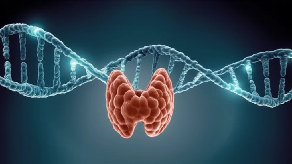 DNA strand intertwined with thyroid gland silhouette, highlighting methylation markers on genes.