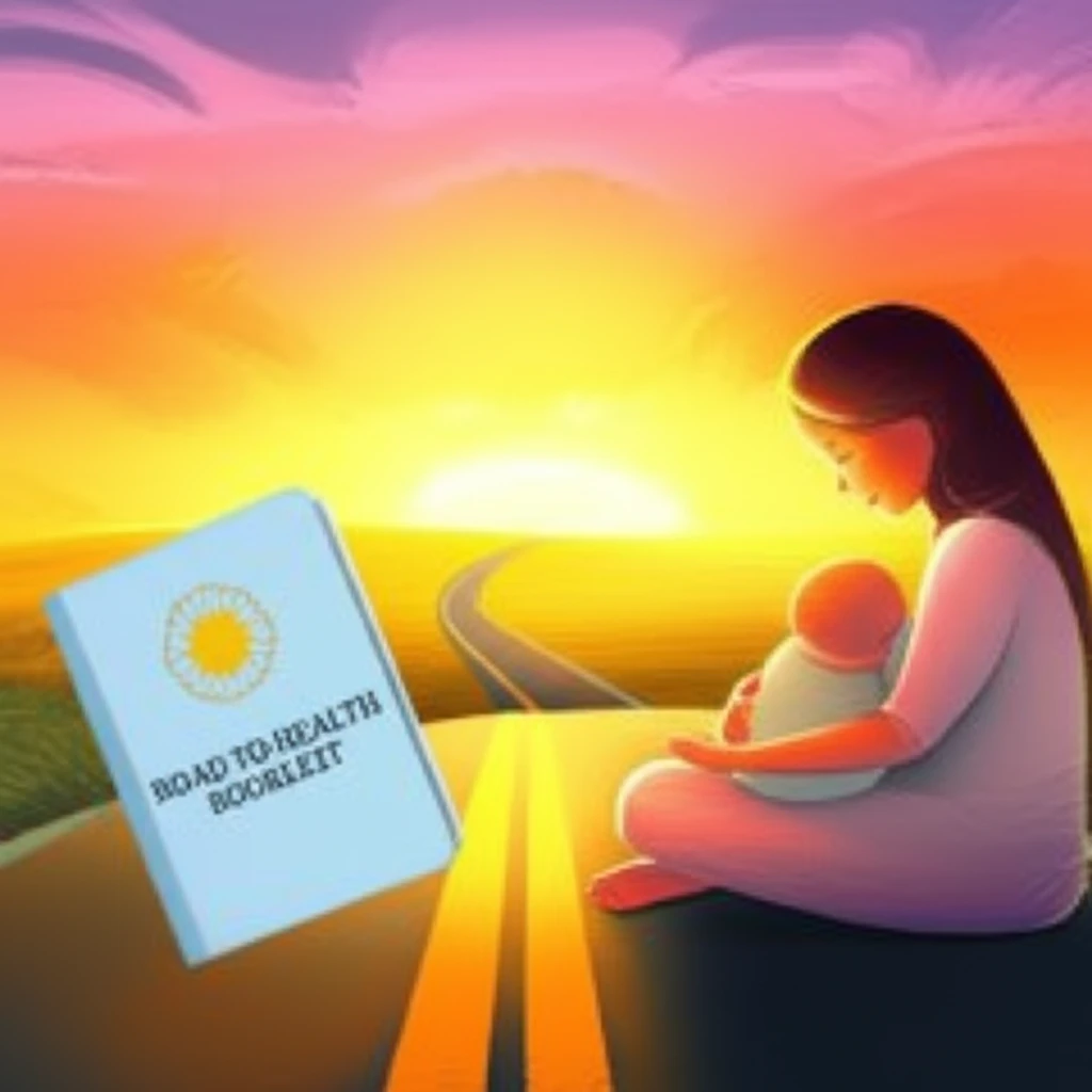 A winding road leading to a bright future, with a mother holding an infant health booklet.