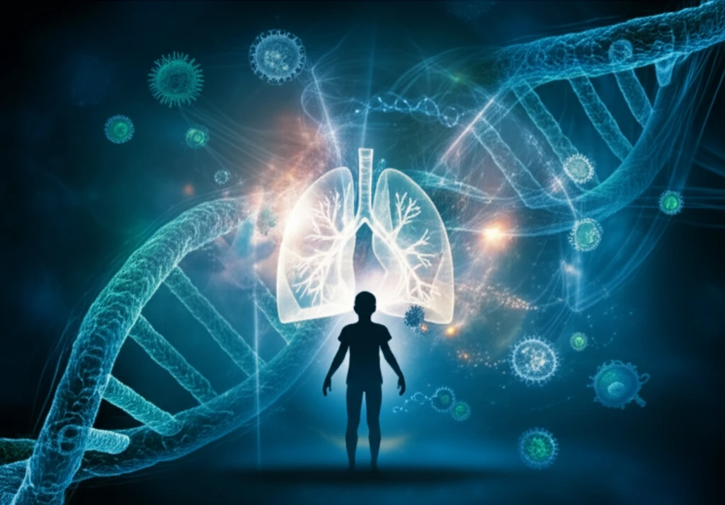 Symbolic illustration of a child's immune system with DNA strands, representing genetic predisposition to pneumonia.