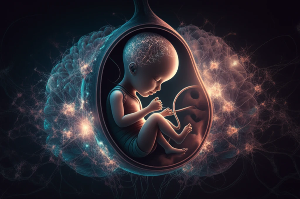 Surreal illustration linking fetal development to brain health.