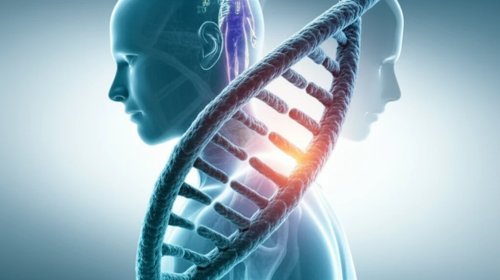 DNA strand intertwined with two figures, representing mixed chimerism.