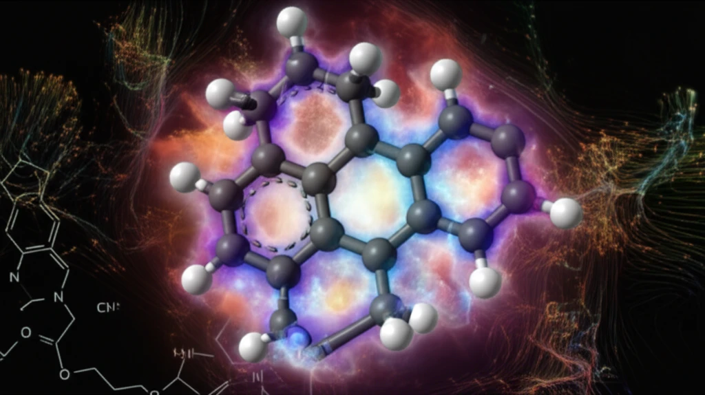 Surreal illustration of electron clouds around a benzofuran molecule.