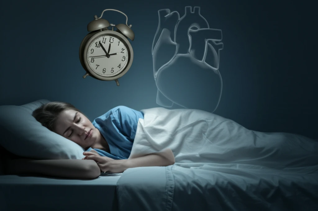 Surreal illustration of a nurse struggling to sleep, symbolizing the connection between insomnia and heart health.