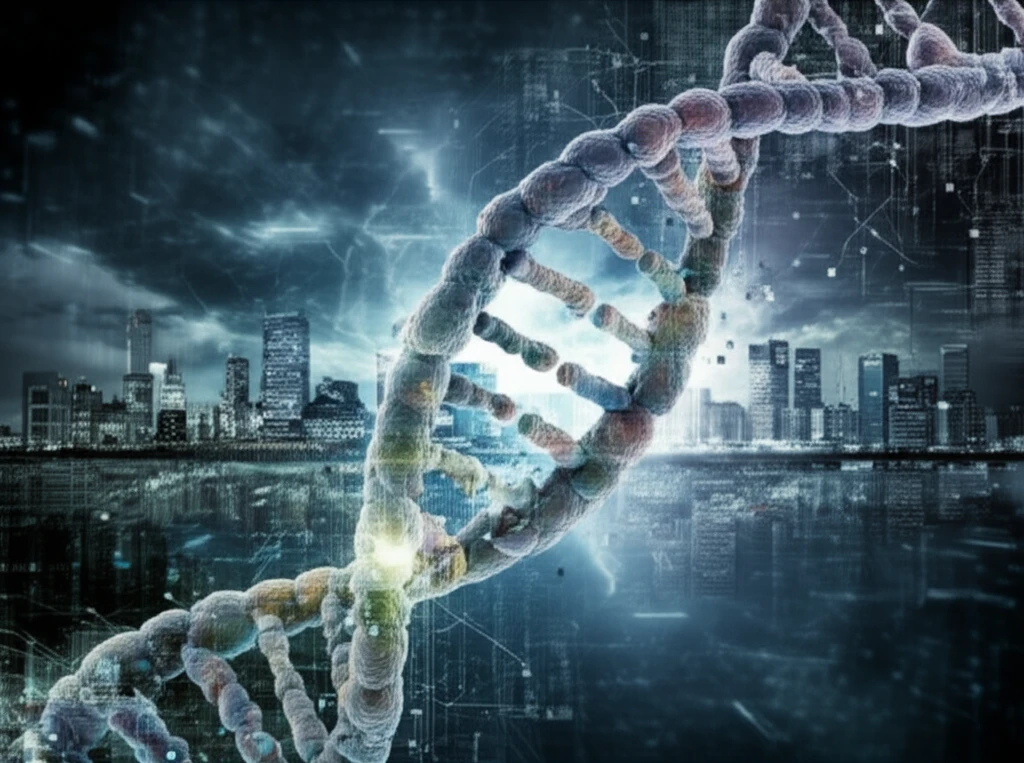 DNA strand intertwined with a cityscape, symbolizing the integration of genetics into urban life and healthcare
