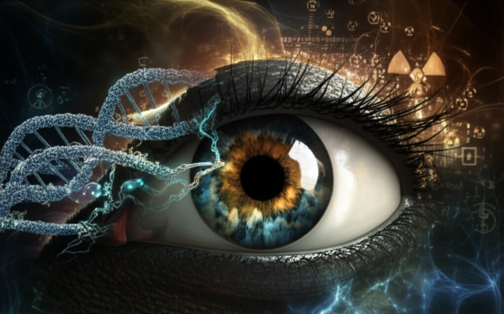 Surreal illustration of DNA repair in a mouse eye lens after radiation exposure.