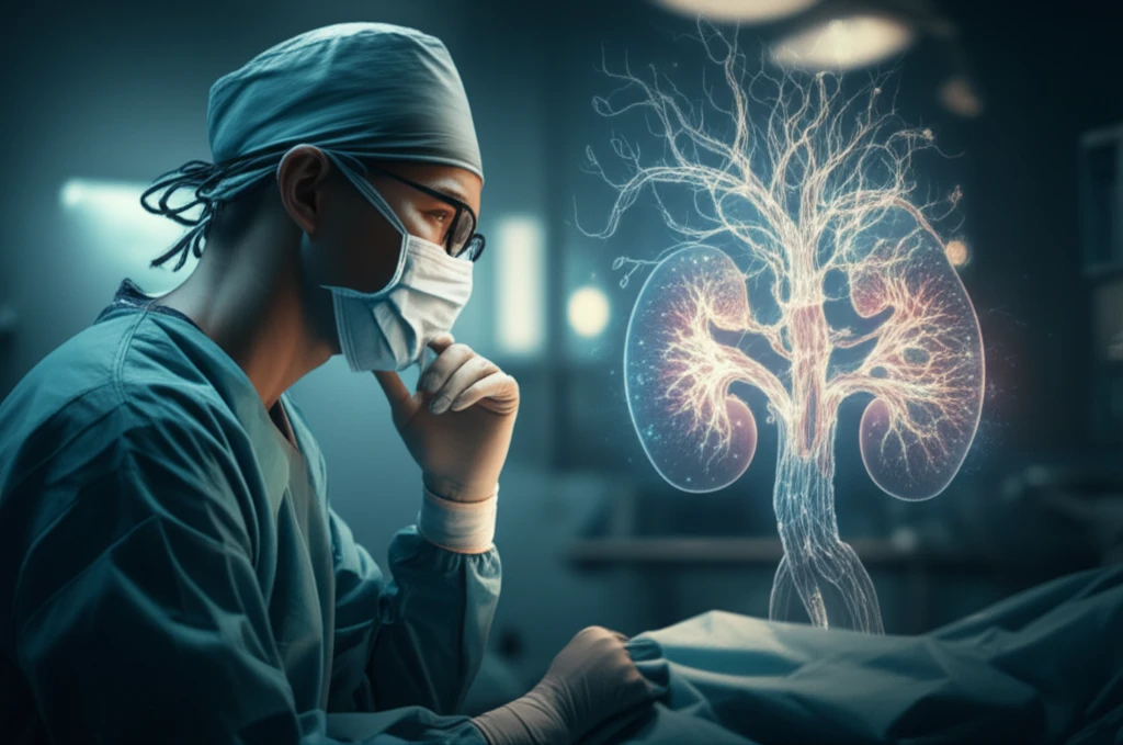 Surgeon contemplates lymph node network in kidney cancer surgery.