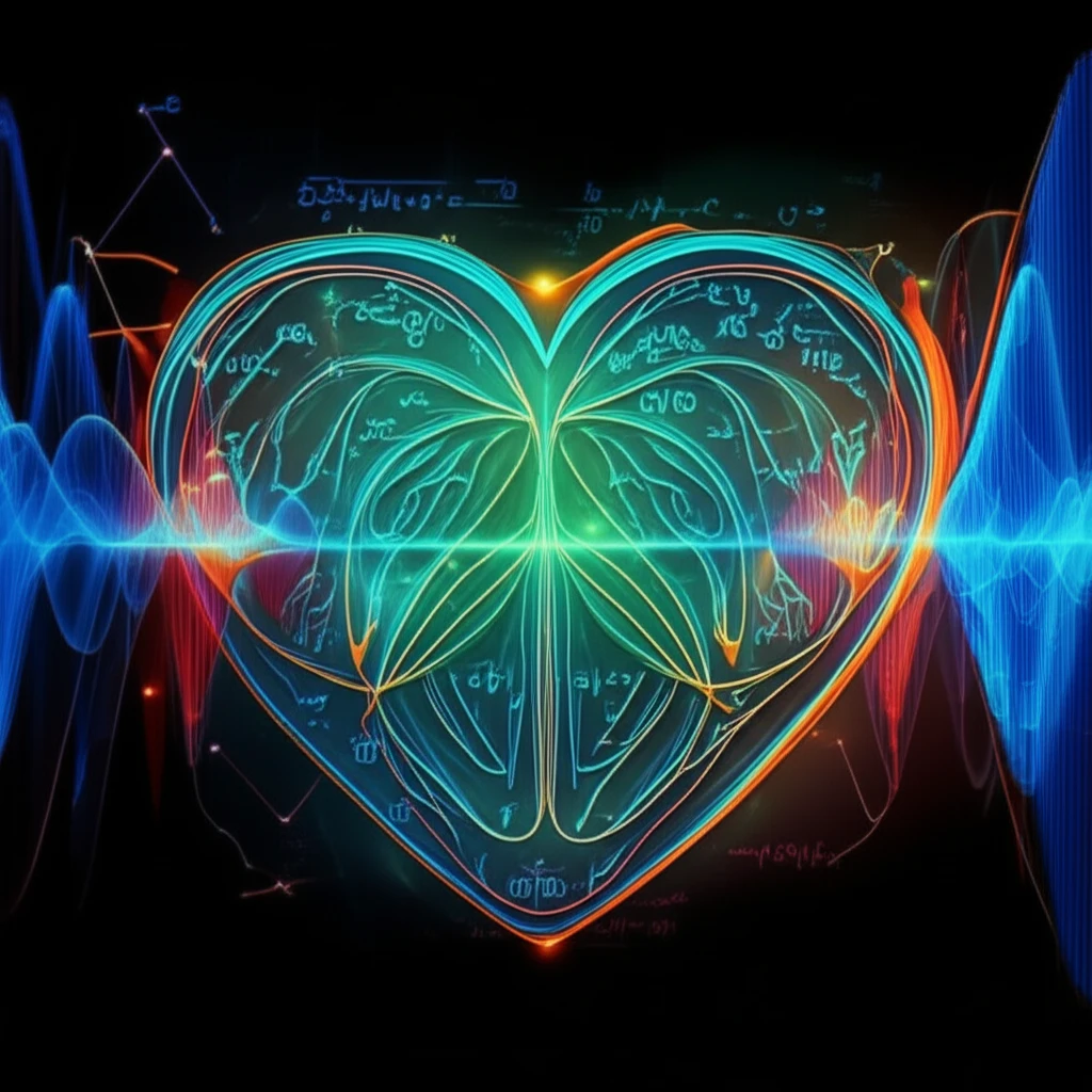 Surreal illustration of a heart with waveforms and math symbols, symbolizing heart rate variability and mental activity.