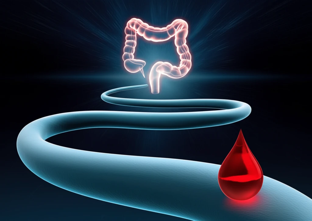 Surreal illustration of a path to colon health guided by a blood drop.