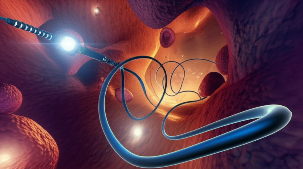 Abstract digital illustration of a colonoscopy navigating an intestinal landscape, symbolizing colonoscopy efficiency and polyp detection.
